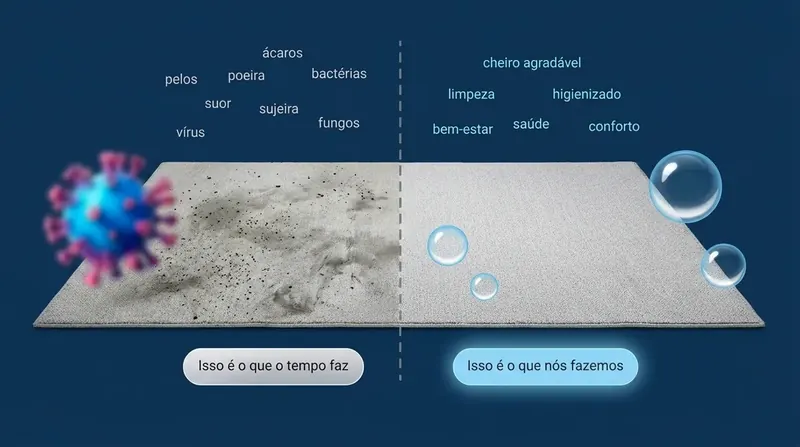Comparação de carpete: lado com ácaros, poeira e bactérias e lado limpo, higienizado e com cheiro agradável