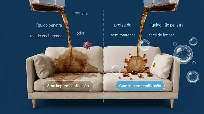 Refrigerante derramado em sofá: lado sem impermeabilização mancha e encharca, lado impermeabilizado repele o líquido em gotas